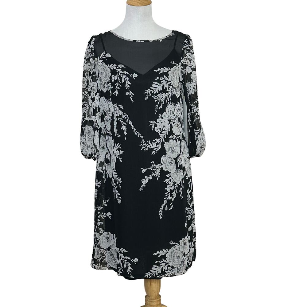 Adrianna Papell Black Gray Floral Sheer Dress with Slip Sz 10 NWOT
